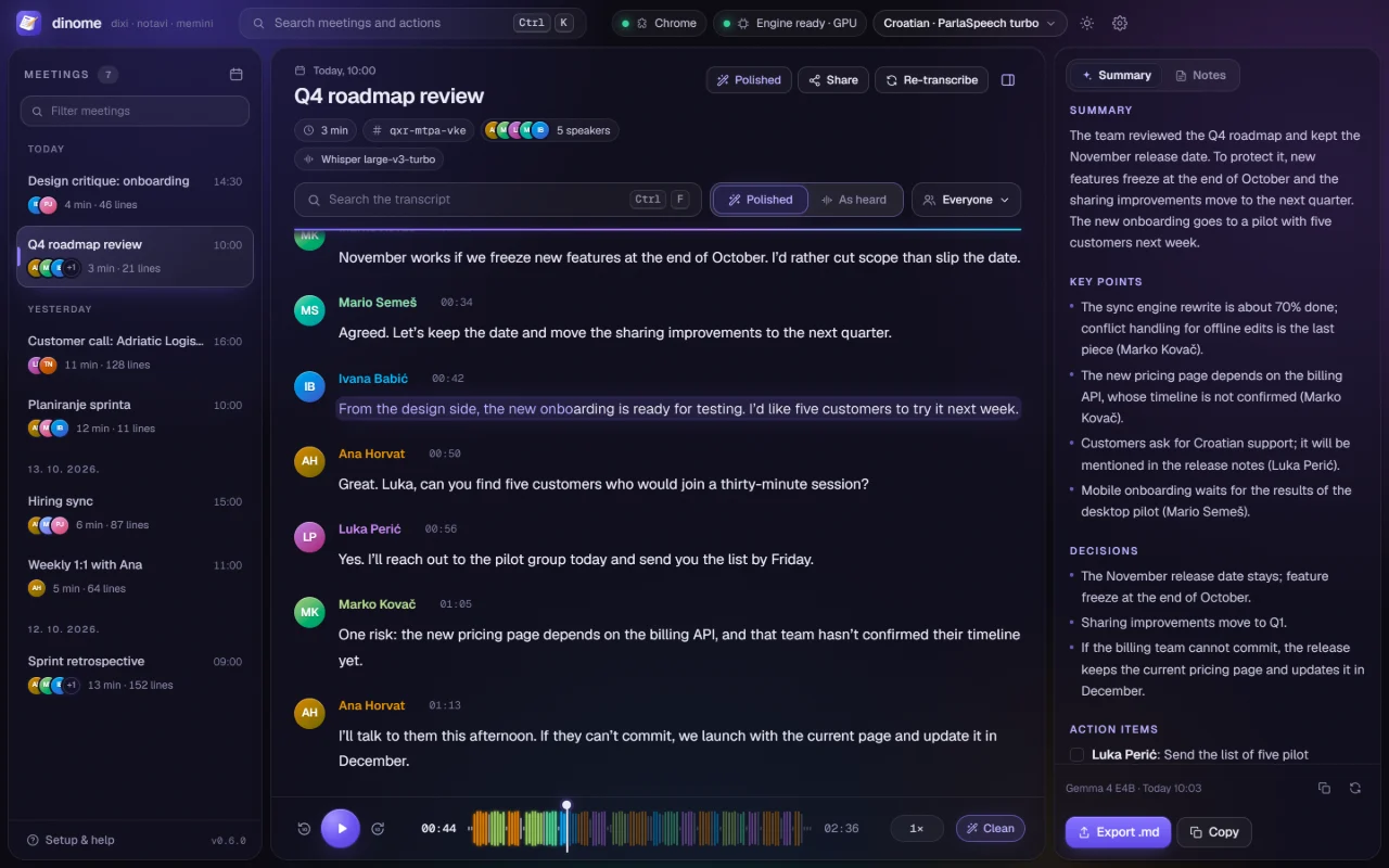 The dinome app: a list of meetings on the left, the transcript of “Q4 roadmap review” in the middle with each speaker in their own colour, its AI summary on the right, and the recording's waveform player at the bottom.