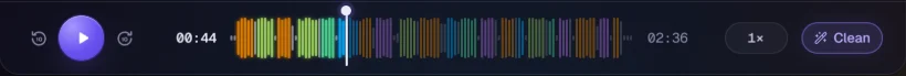 The player: play button, time 00:44 and a waveform coloured by speaker.